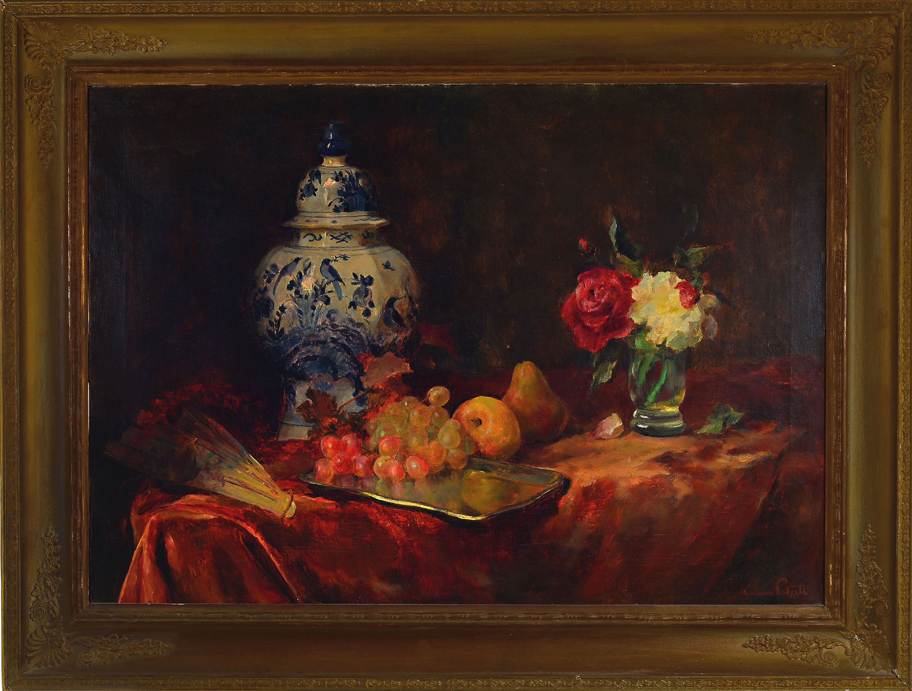 Detail k: Andreas Patzelt, 1896-1980 Wien, Stillleben mit Blumen, Obst und Deckelvase, Öl/Lwd, rechts unten signiert, ca. 60x87cm, R.
