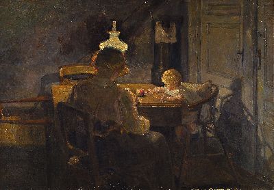 Image Olga Jensen, 1877-1949, Mutter mit Kind am Tisch sitzend, Öl/Lwd, rechts unten monogr., ...