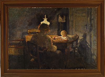 27082494k - Olga Jensen, 1877-1949, Mutter mit Kind am Tisch sitzend, Öl/Lwd, rechts unten monogr., ...