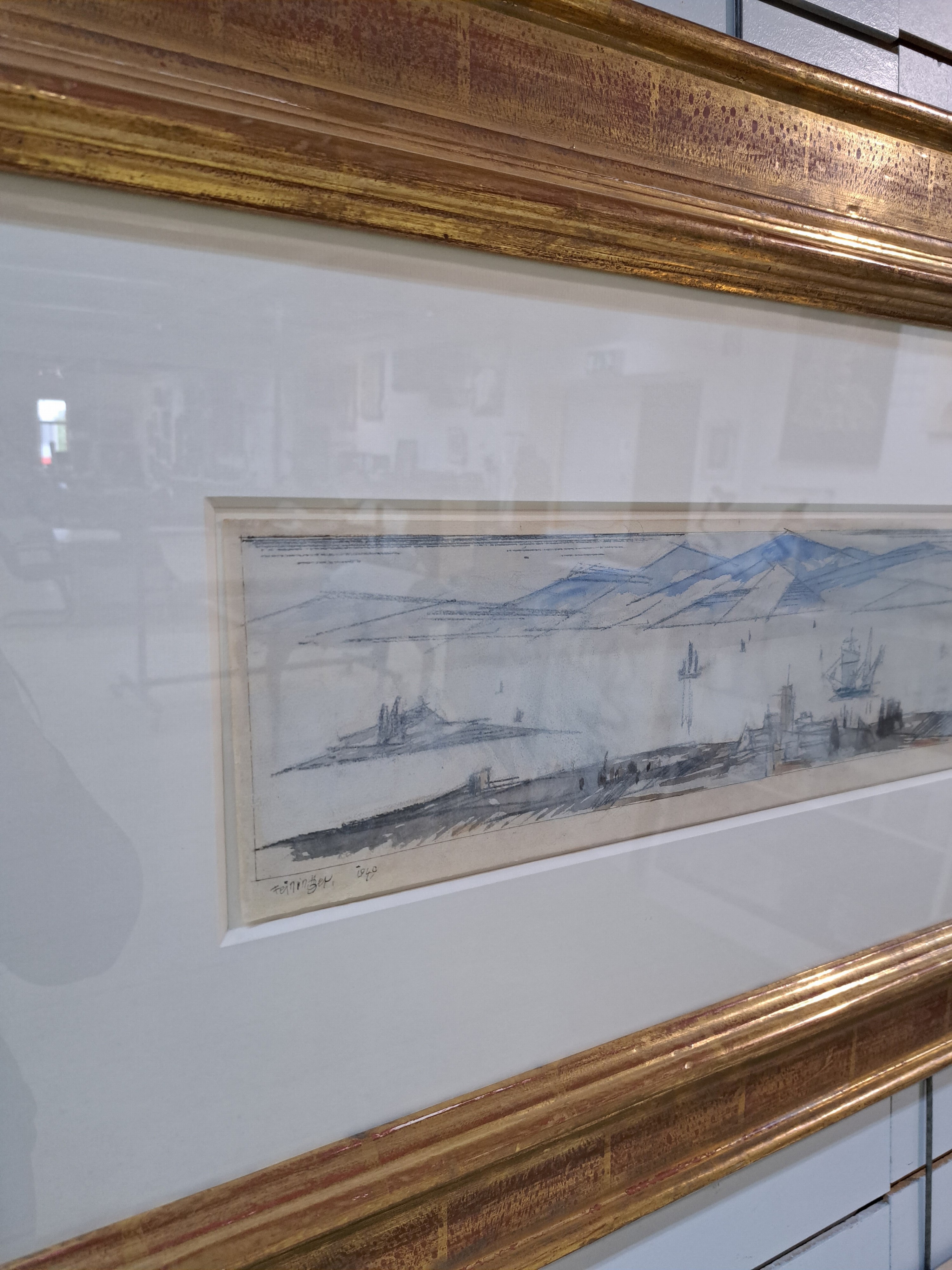 Detail a: Lyonel Feininger, 1871-1956 New York, Segelboote auf einem Vorgebirgssee, Aquarell und Tuschfeder auf Büttenpapier, signiert und datiert 1949; nach ...