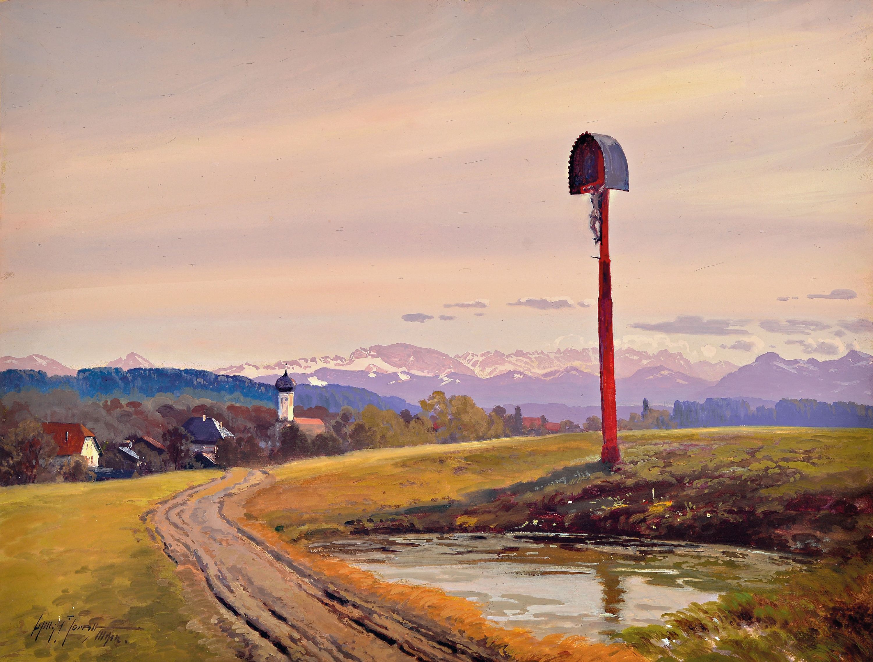Image 27083486 - Willy Moralt, 1884 München-1947 Lenggries, Alpenlandschaft mit Marterl am Wegrand, ...