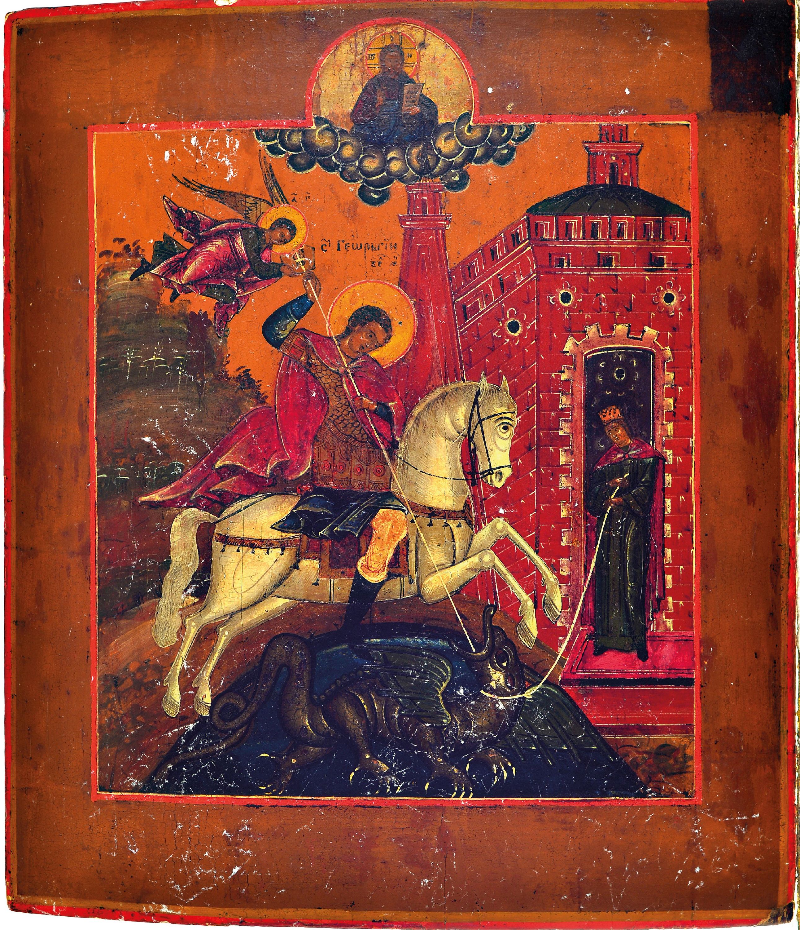 Detail k: Ikone, Russland, 2. Hälfte 19. Jh., Hl. Georg tötet den Drachen, Tempera auf Holz, ca. 36x31cm