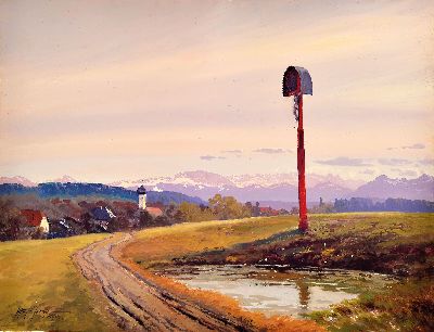 27083486k - Willy Moralt, 1884 München-1947 Lenggries, Alpenlandschaft mit Marterl am Wegrand, ...