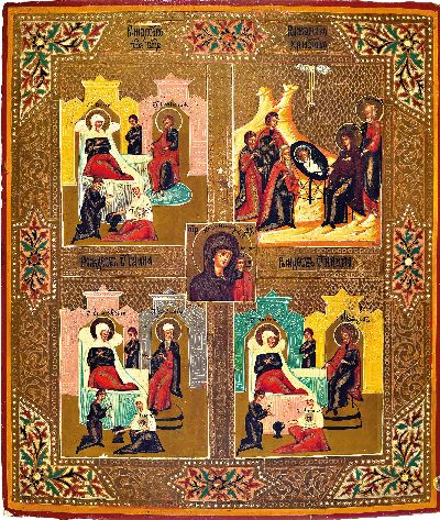 27083488k - Ikone, Russland, um 1900, vier Felder mit Vita-Szenen der Gottesmutter, Tempera auf ...