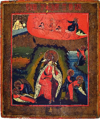 27083489k - Ikone, Russland, um 1900, die feurige Himmelfahrt des Hl. Elias, Tempera auf Holz, ca. ...