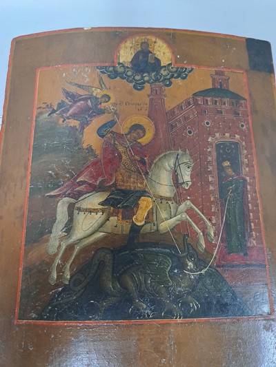 27083490a - Ikone, Russland, 2. Hälfte 19. Jh., Hl. Georg tötet den Drachen, Tempera auf Holz, ca. ...