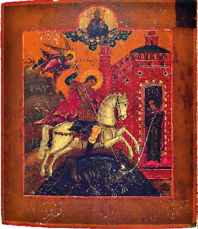 27083490k - Ikone, Russland, 2. Hälfte 19. Jh., Hl. Georg tötet den Drachen, Tempera auf Holz, ca. ...