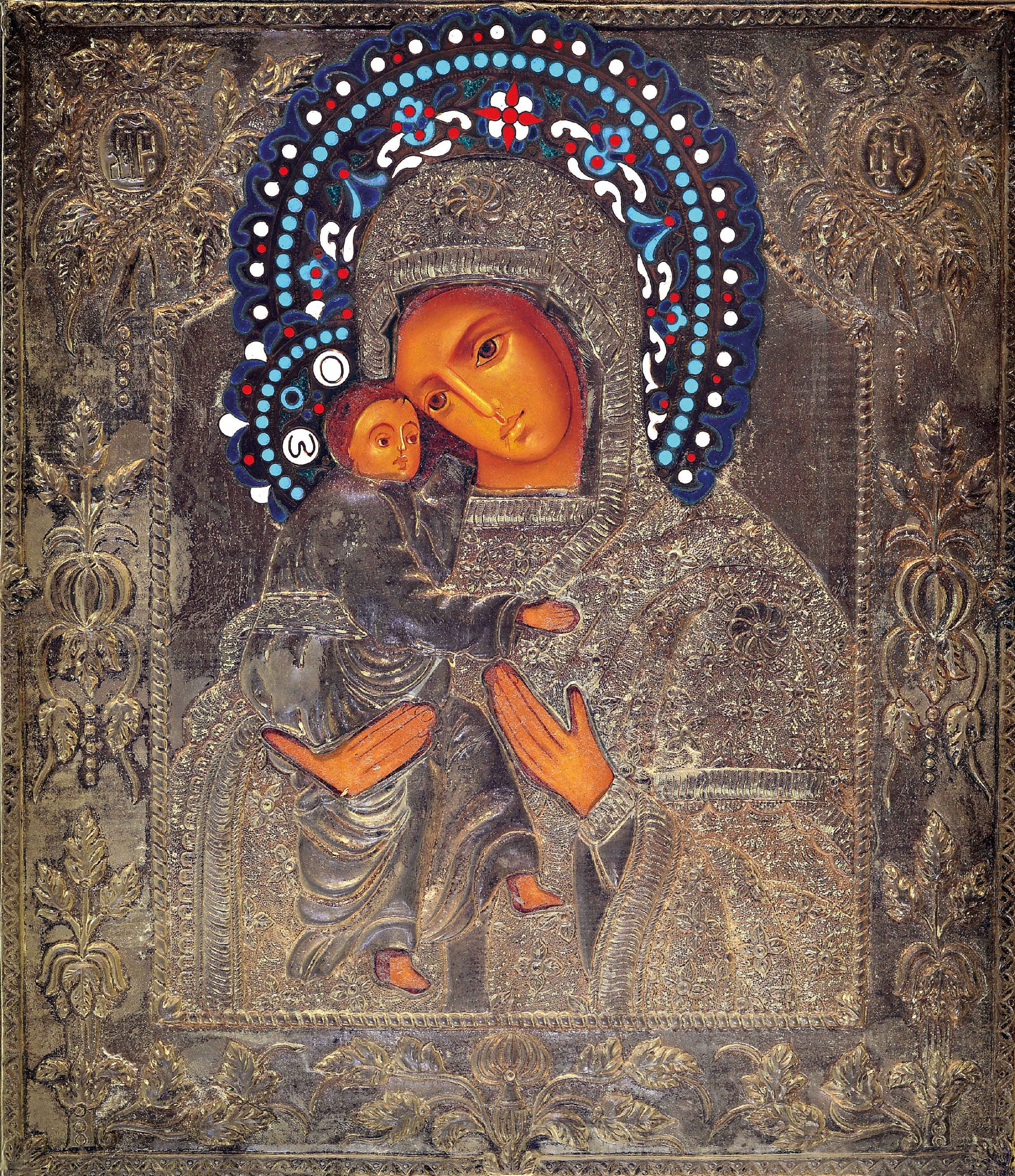 Image 27083531 - Ikone, Russland, um 1900, Gottesmutter mit Kind, Tempera auf Holz, reich geprägtes ...