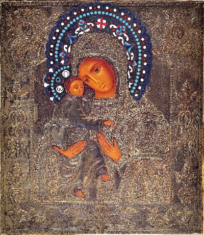 27083531k - Ikone, Russland, um 1900, Gottesmutter mit Kind, Tempera auf Holz, reich geprägtes ...