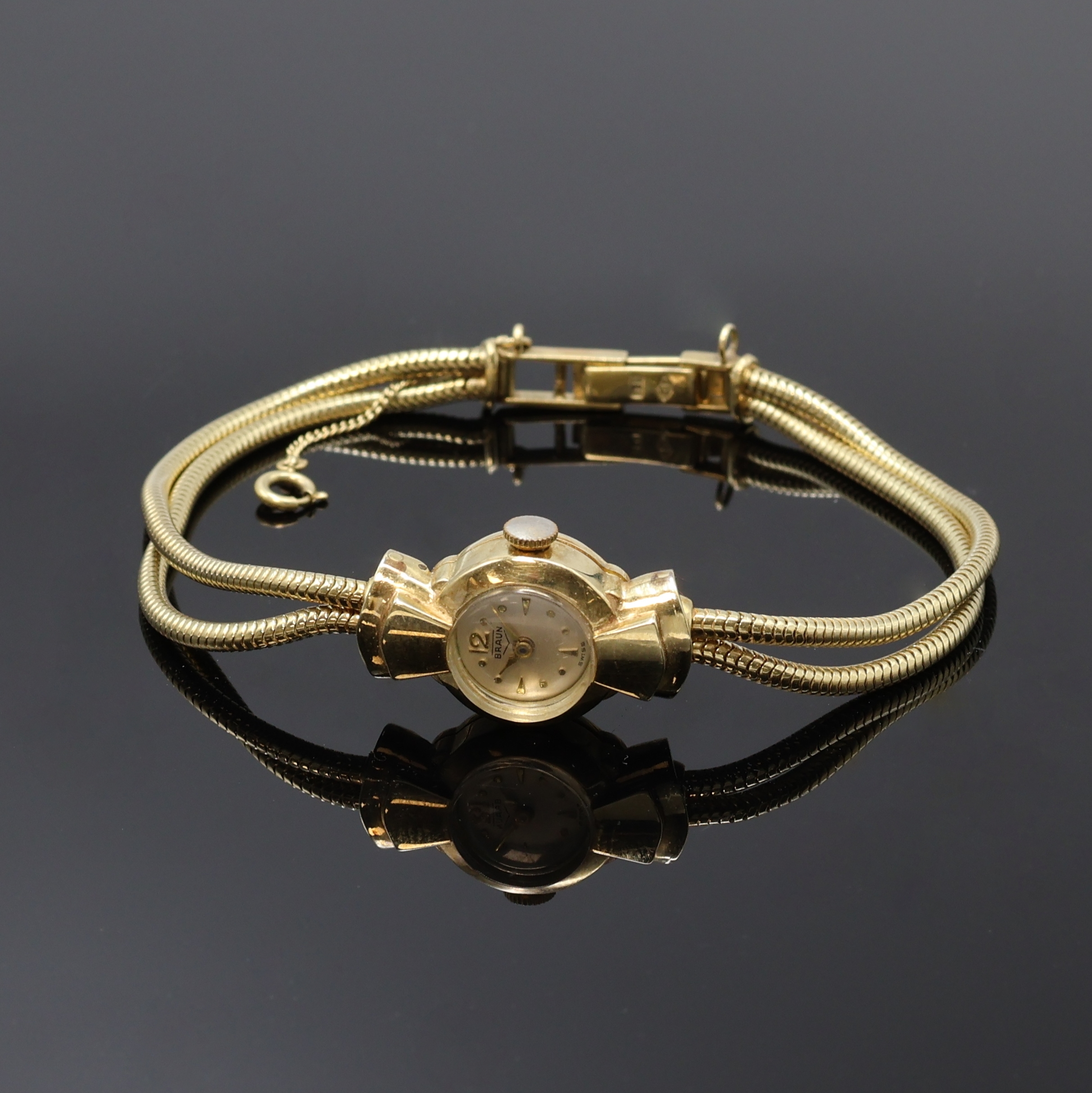 Image 27084527 - BRAUN Damenarmbanduhr in GG 585/000, Schweiz um 1955, Handaufzug, 2-teil. Geh., ...