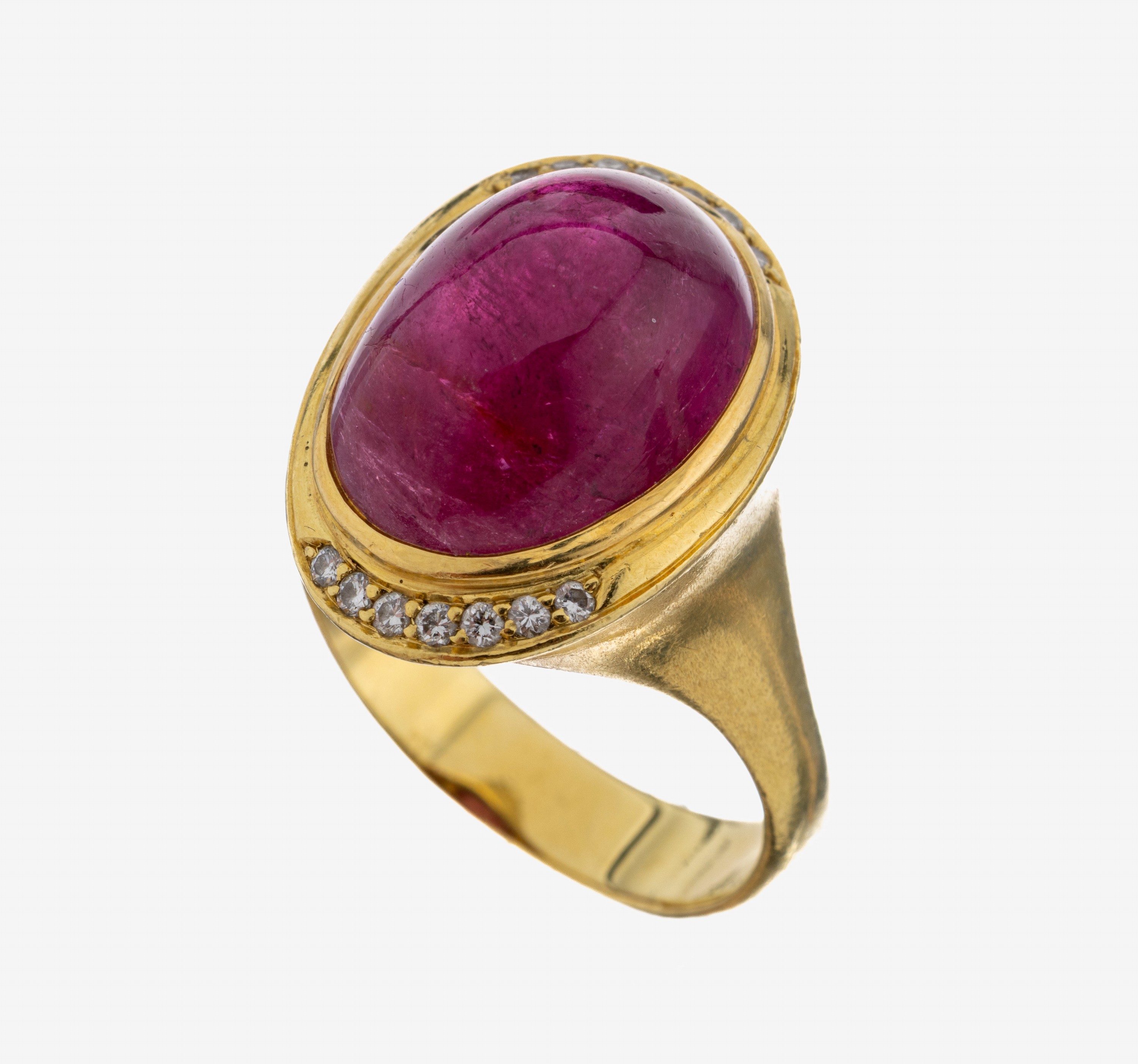 Image 27084562 - 18 kt Gold Turmalin-Brillant-Ring, GG 750/000, ovaler Rubellit-Cabochon ca. 8.0 ct, 14 ...