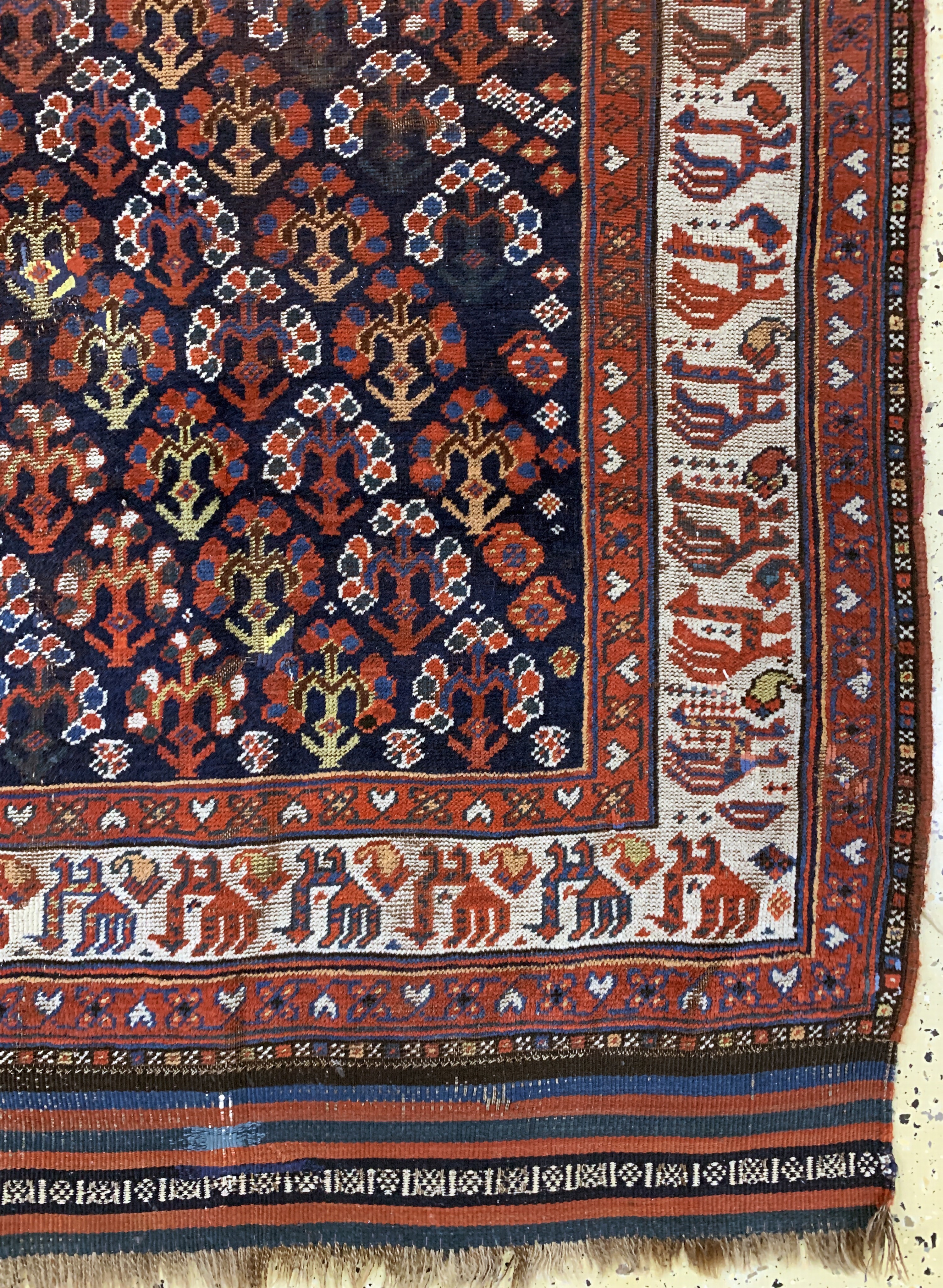 Detail a: Khamseh antik, Persien, um 1900, Wolle auf Wolle, ca. 247 x 163 cm, EHZ: 3(restauriert)