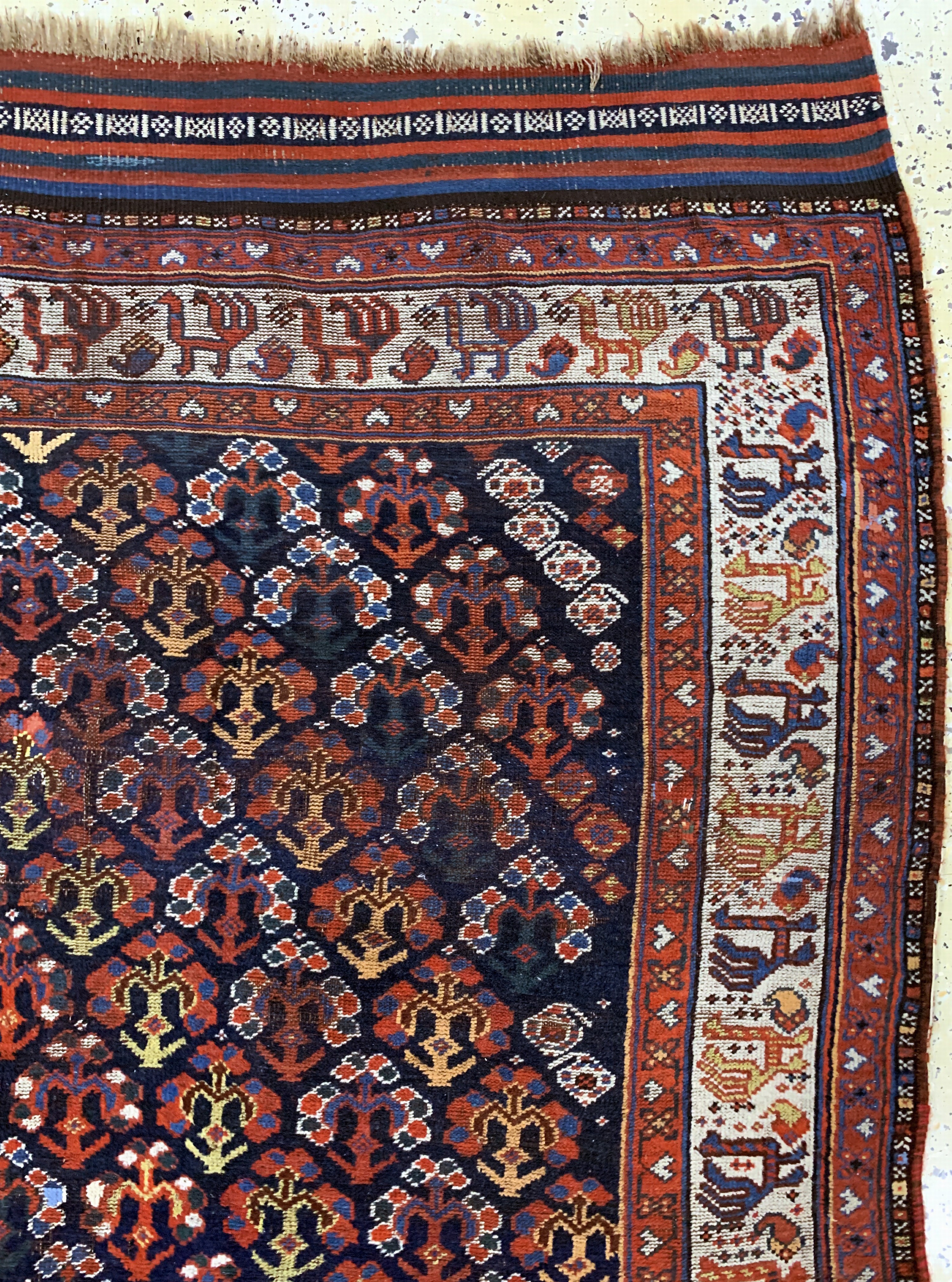 Detail d: Khamseh antik, Persien, um 1900, Wolle auf Wolle, ca. 247 x 163 cm, EHZ: 3(restauriert)