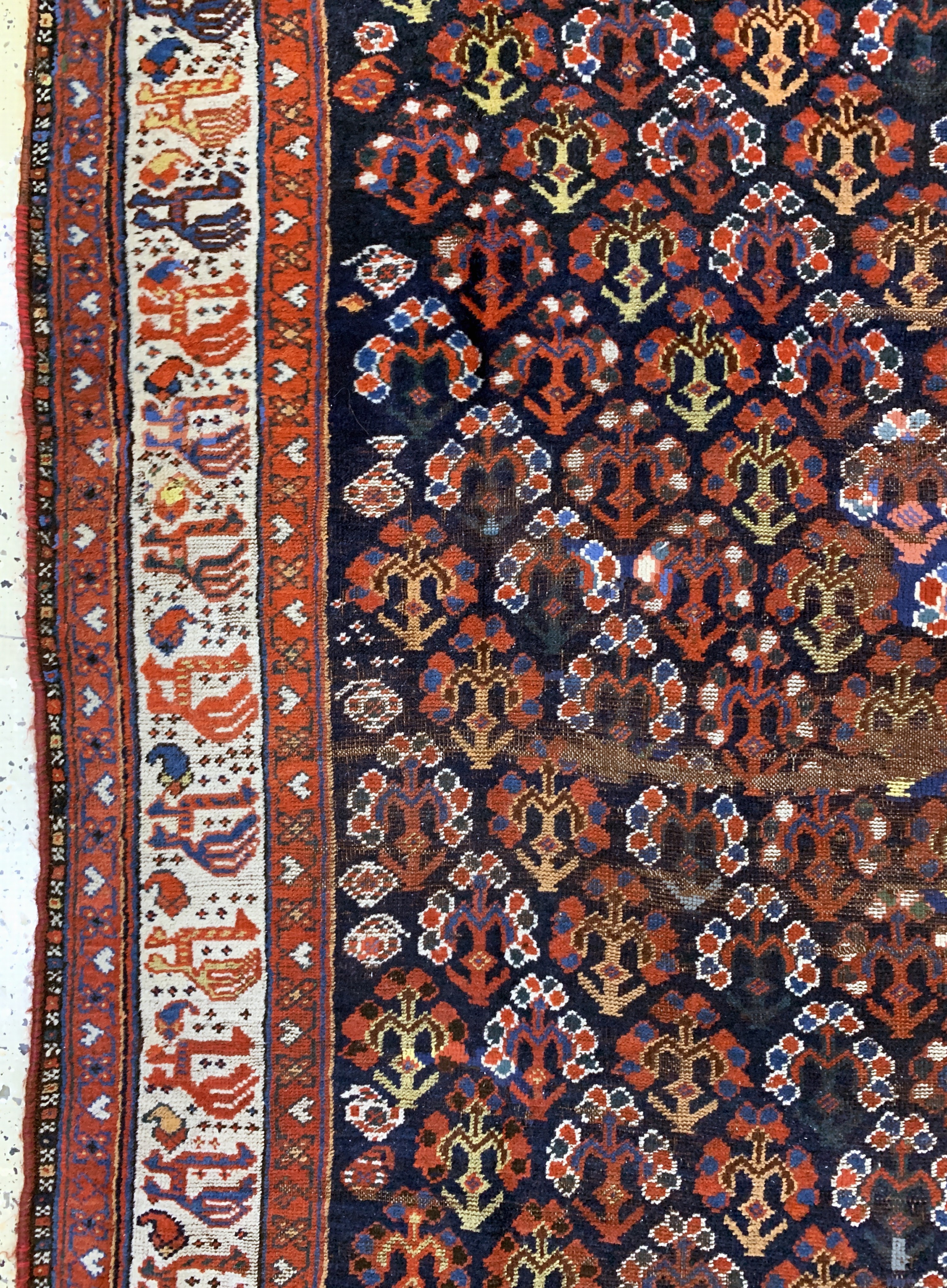 Detail e: Khamseh antik, Persien, um 1900, Wolle auf Wolle, ca. 247 x 163 cm, EHZ: 3(restauriert)