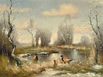 Image Manfred Schatz, 1925 Bad Stepenitz-2004 Meerbusch, Herbstliche Landschaft mit Fasanen am ...