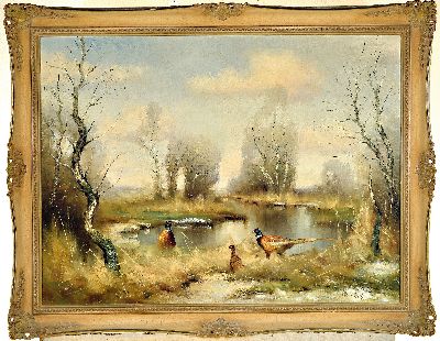 27084894k - Manfred Schatz, 1925 Bad Stepenitz-2004 Meerbusch, Herbstliche Landschaft mit Fasanen am ...