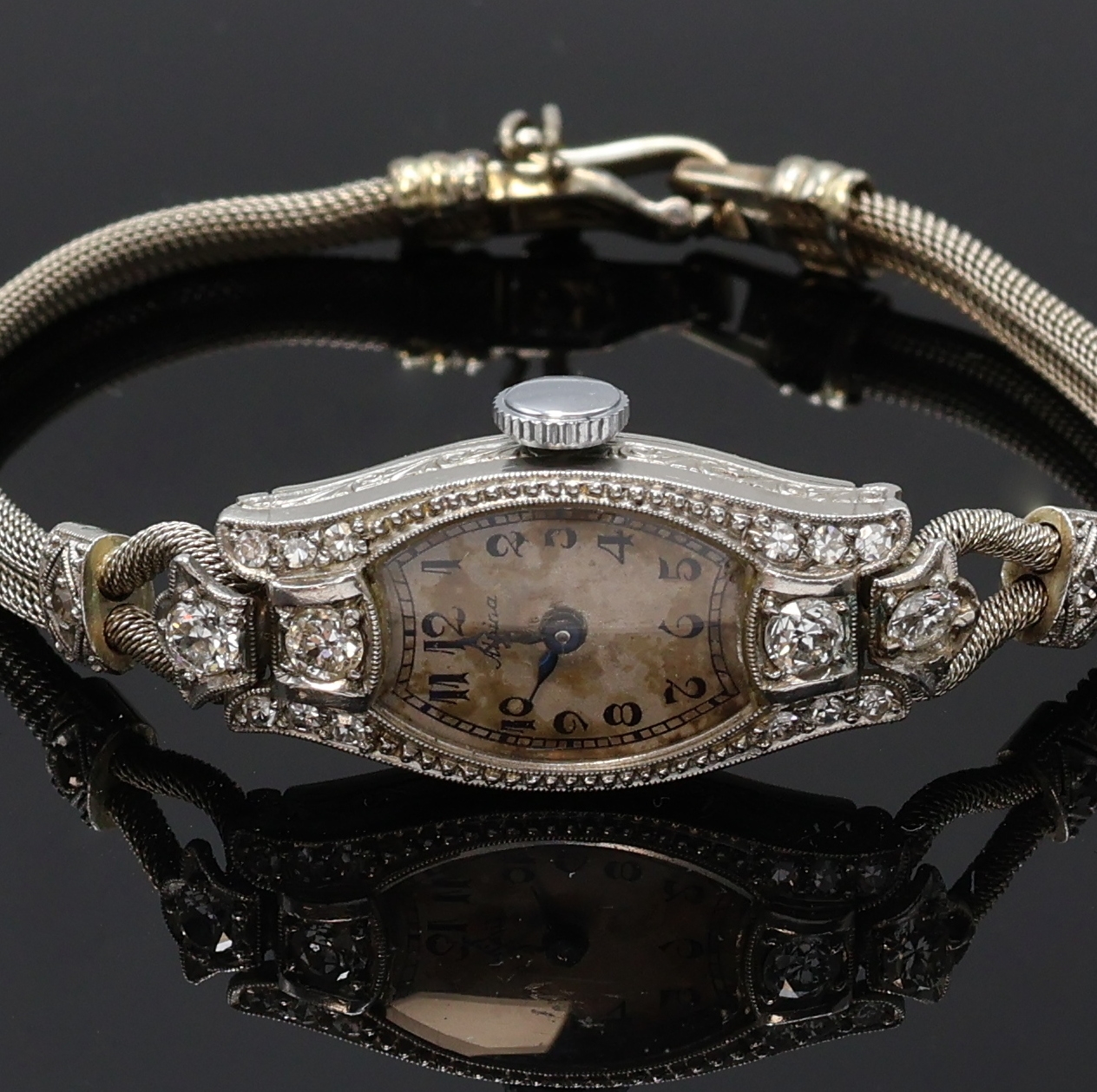 Detail a: ALPINA Art-Deco Damenarmbanduhr in WG 750/000, Schweiz um 1938, Handaufzug, grav., 2-teil. Geh. inkl. zeitident. WG 750/000 Flechtband, aufw. m. ca. ...