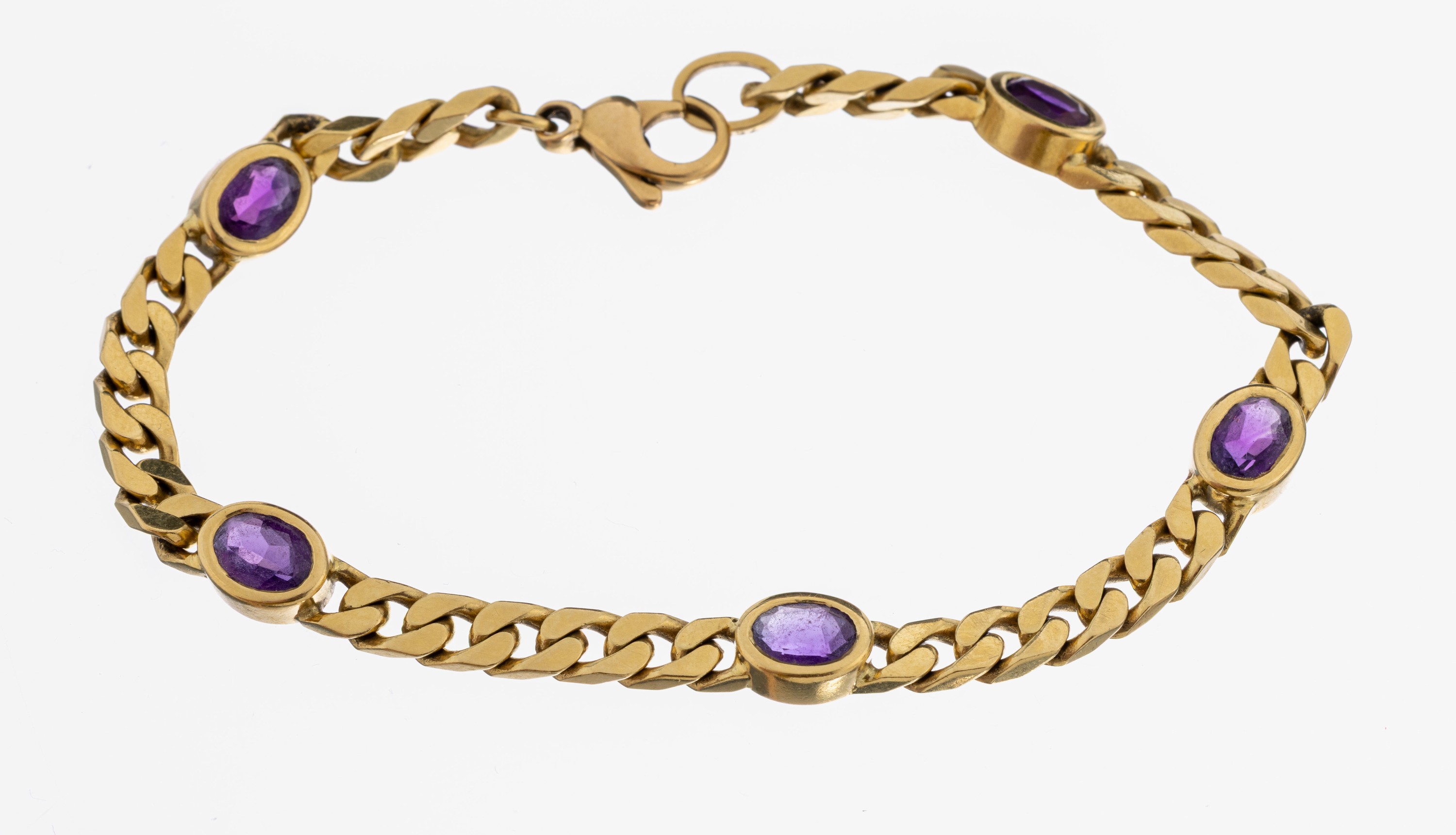 Detail a: 18 kt Gold Amethyst-Armband, GG 750/000, schlichtes Design, ovalfacett. Amethyste, L. ca. 19 cm, Karabinerschließe, ca. 18.9 g