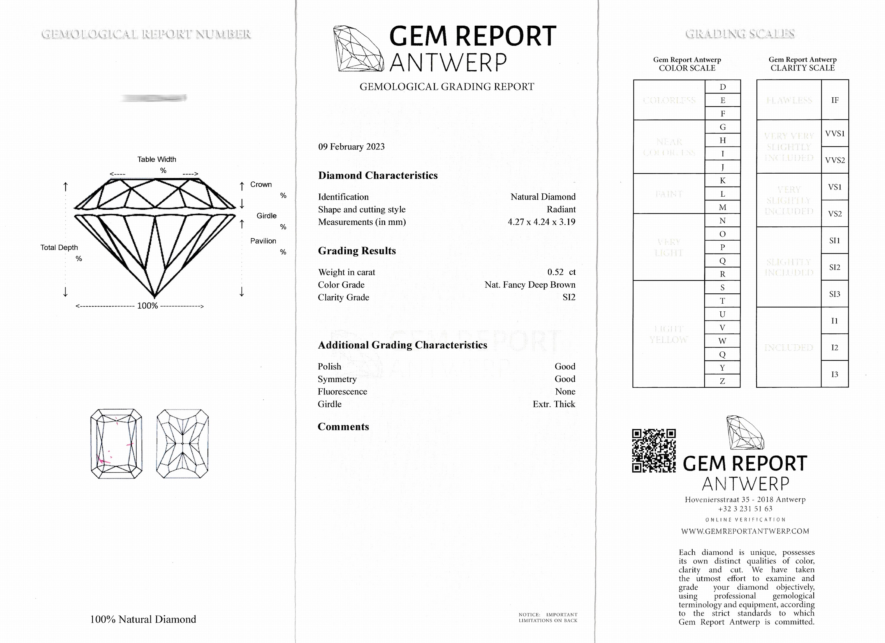 Detail d: Loser Diamant, Radiant, 0.52 ct Natural Fancy Deep Brown/si2, 4.27 x 4.24 x 3.19 mm, PoliturGut, Symmetrie Gut, Fluoreszenz keine, GEM REPORT ...