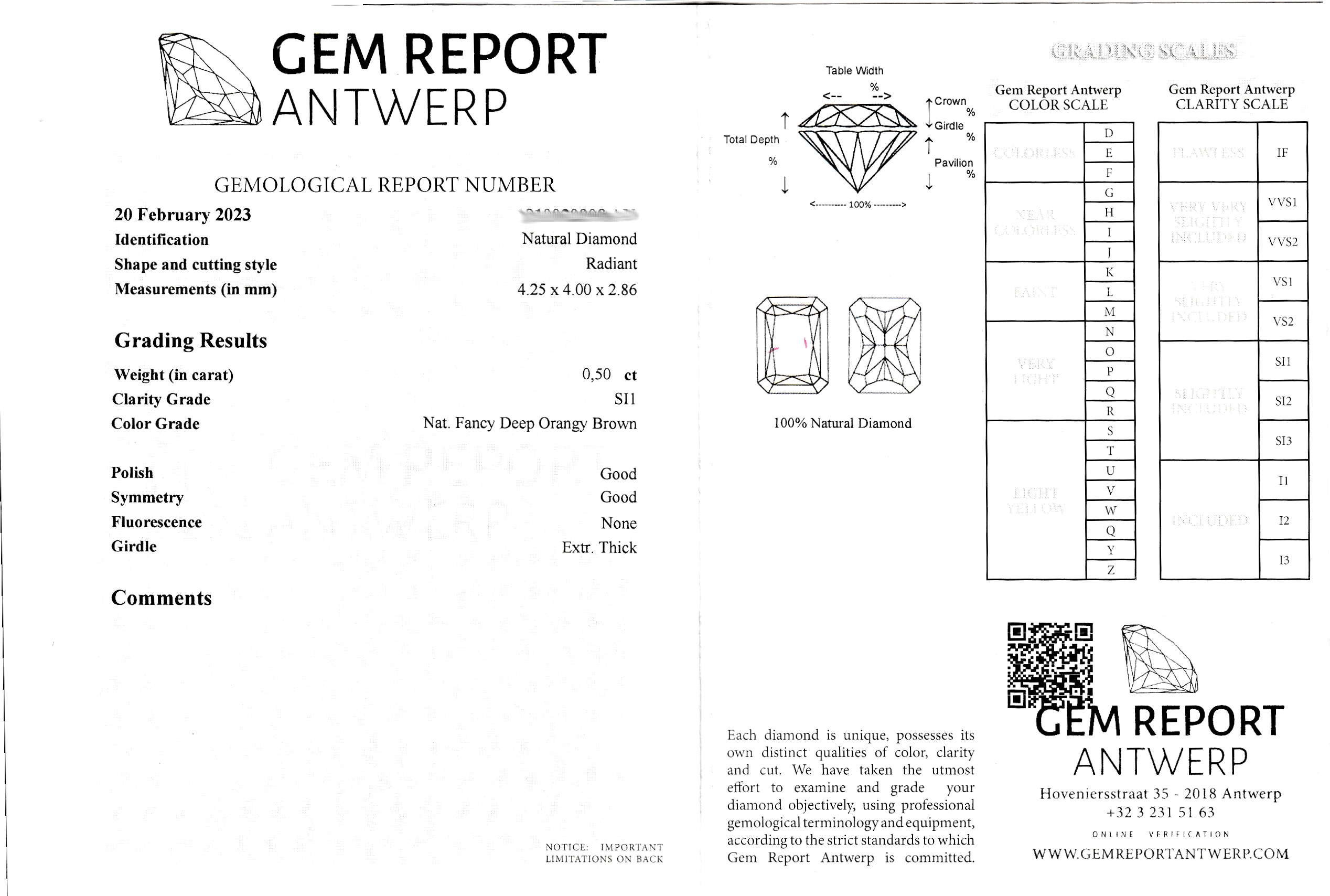 Detail d: Loser Diamant, Radiant, 0.50 ct Natural Fancy Deep Orangy Brown/si1, 4.25 x 4.00 x 2.86 mm, Politur Gut, Symmetrie Gut, Fluoreszenz keine,GEM REPORT ...