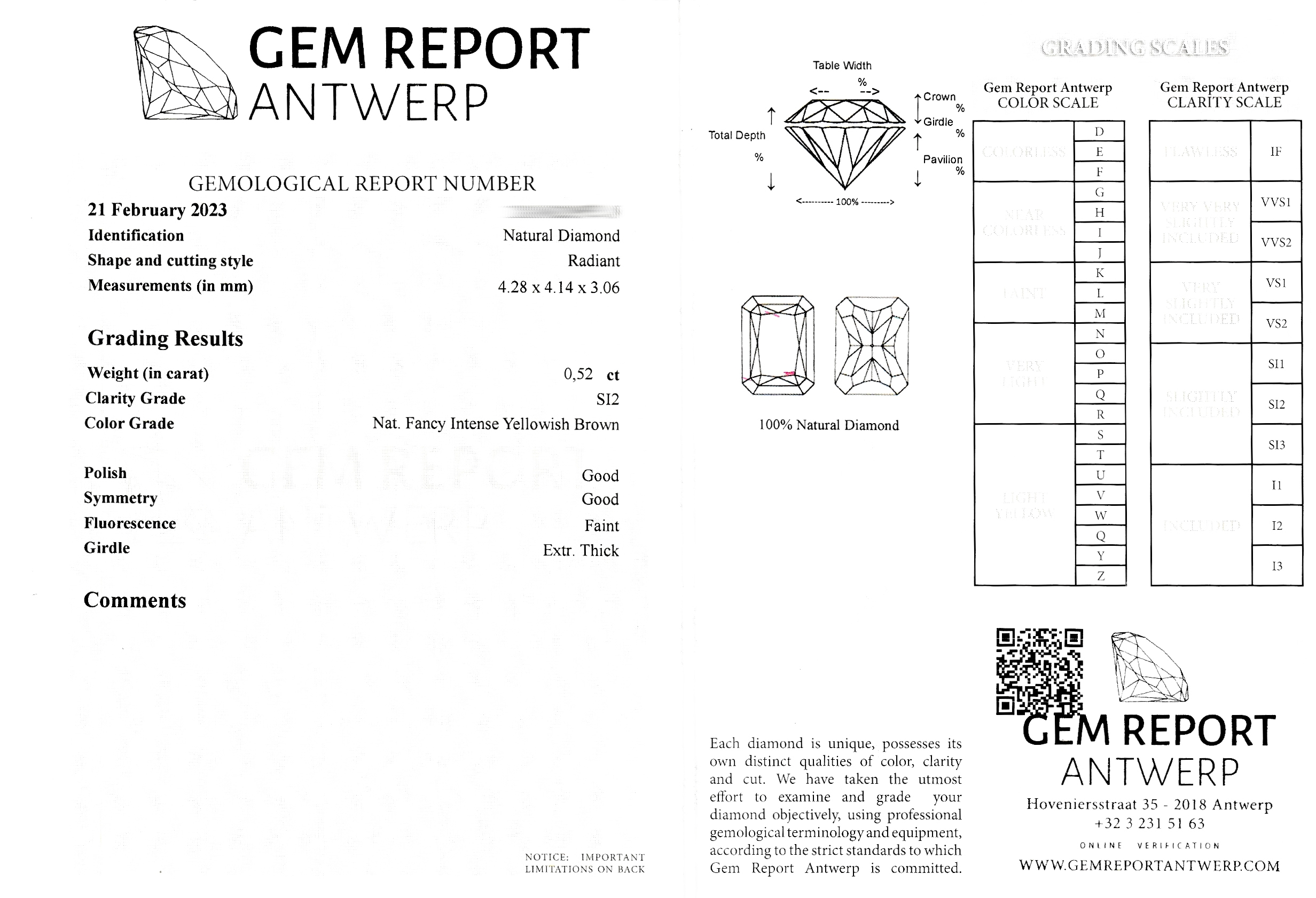 Detail d: Loser Diamant, Radiant, 0.52 ct Natural Fancy Intense Yellowish Brown/si2, 4.28 x 4.14 x 3.06 mm, Politur Gut, Symmetrie Gut, Fluoreszenz Schwach, ...