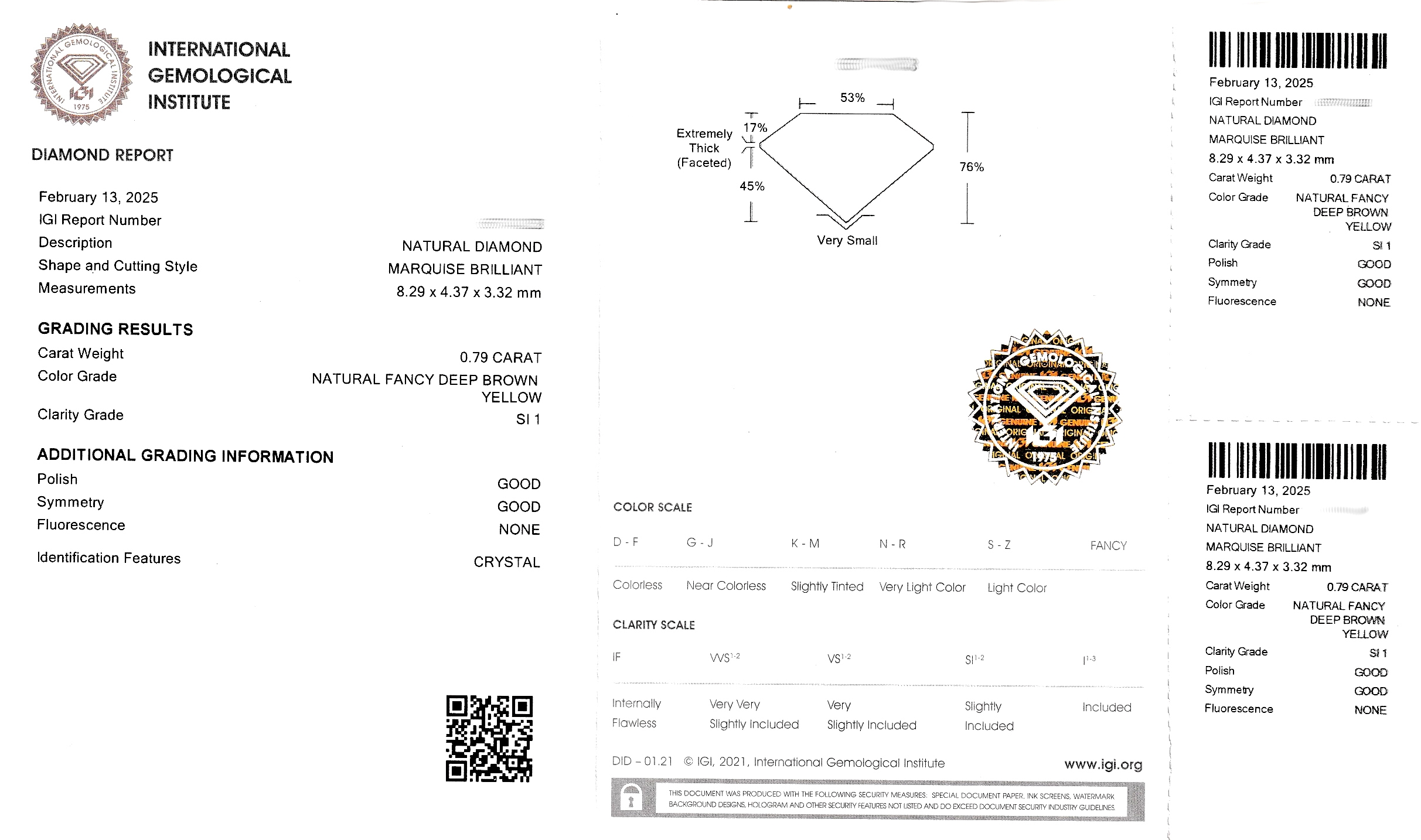 Detail d: Loser Diamant, Navette, 0.79 ct Natural Fancy Deep Brown Yellow/si1, 8.29 x 4.37 x 3.32 mm, Politur Gut, Symmetrie Gut, Fluoreszenz ...