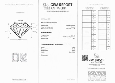 27085654d - Loser Diamant, Radiant, 0.52 ct Natural Fancy Deep Brown/si2, 4.27 x 4.24 x 3.19 mm, ...