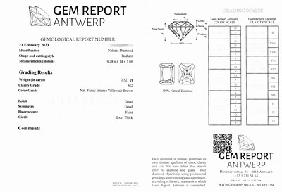 27085657d - Loser Diamant, Radiant, 0.52 ct Natural Fancy Intense Yellowish Brown/si2, 4.28 x 4.14 x ...
