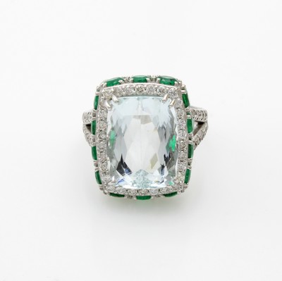 27085661a - Ring mit Farbsteinen und Brillanten, WG 585/000, geteilte Ringschultern, viereck., fac. ...