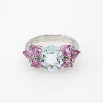 27085691a - Ring mit Farbsteinen und Diamanten, WG 585/ 000, ovaler, fac. Aquamarin ca. 2.83 ct, ...