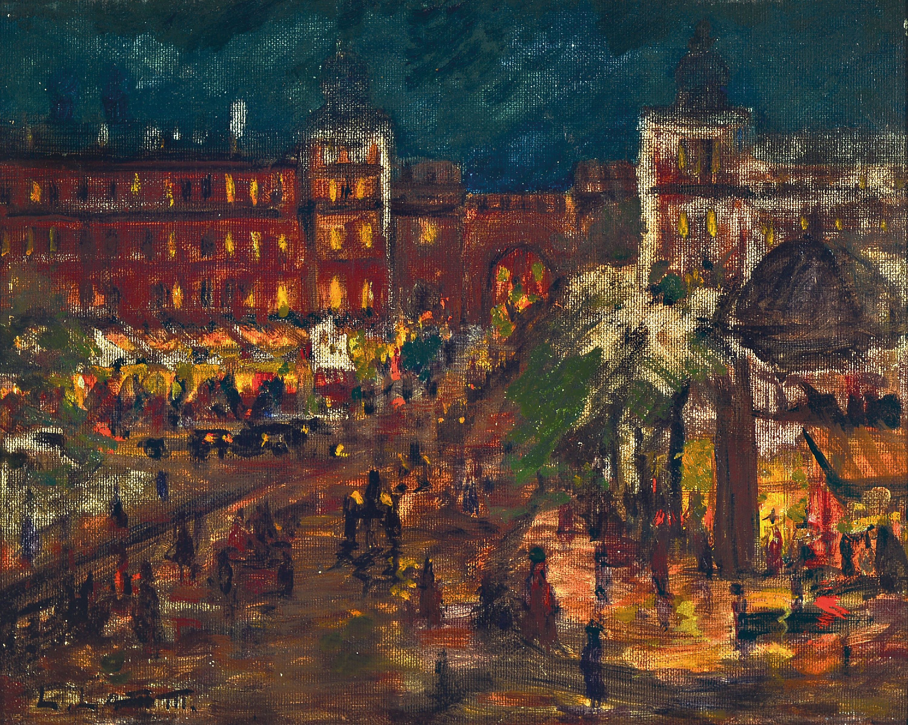Image 27085738 - Leonid Lamm, 1878 Potolsk-1926 München, Belebte Innenstadt am Abend, Öl/Malkarton, ...