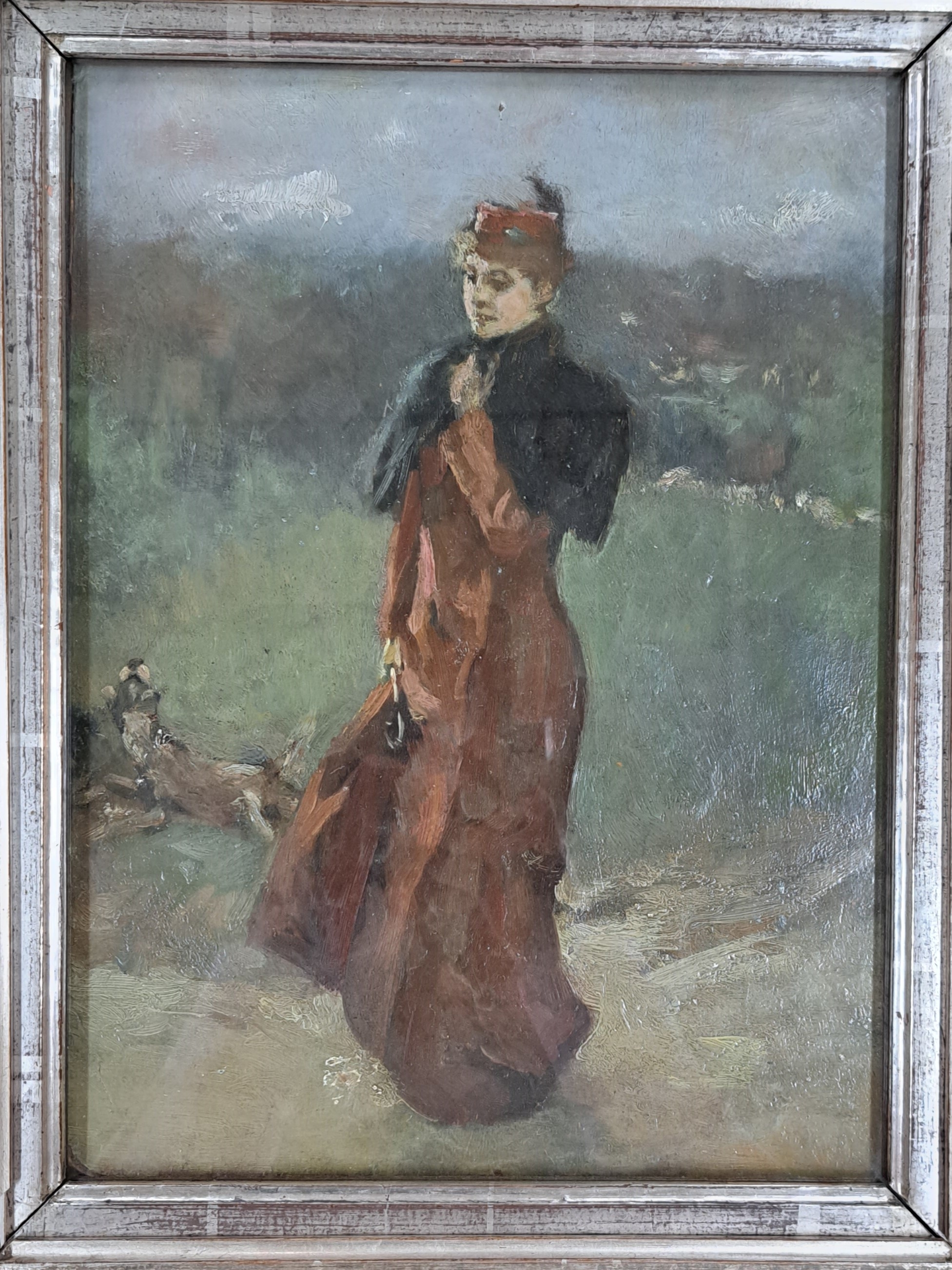 Detail a: Bruno Piglhein, 1848 Hamburg-1894 München, Elegante Dame beim Spaziergang in Landschaft, Öl/Malkarton, rückseitig zwei alte Etiketten mit dem ...