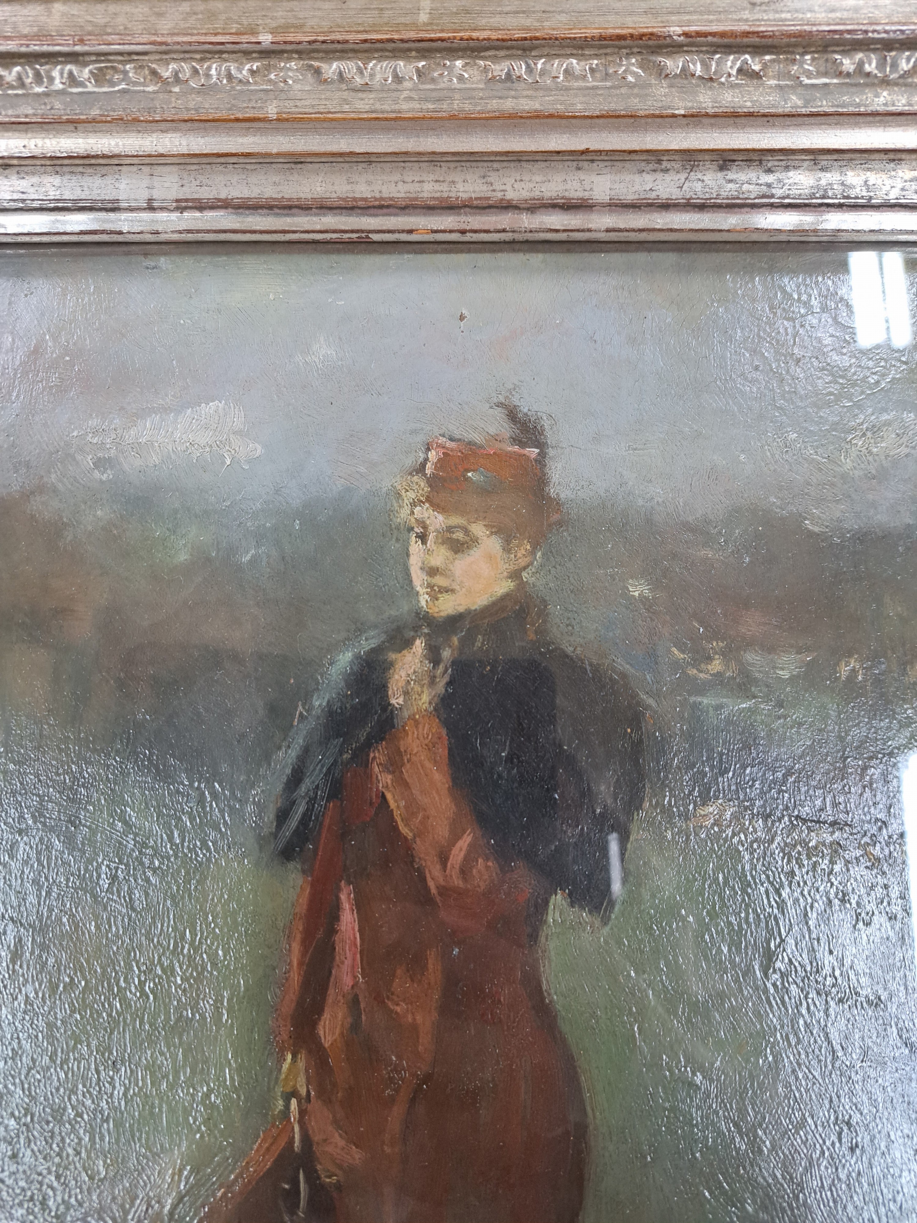 Detail c: Bruno Piglhein, 1848 Hamburg-1894 München, Elegante Dame beim Spaziergang in Landschaft, Öl/Malkarton, rückseitig zwei alte Etiketten mit dem ...