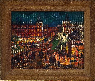 27085738k - Leonid Lamm, 1878 Potolsk-1926 München, Belebte Innenstadt am Abend, Öl/Malkarton, ...