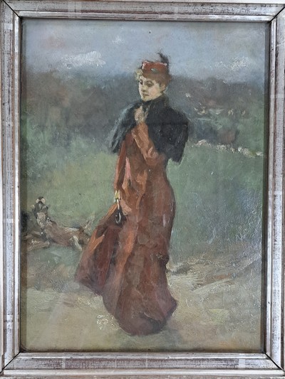 27085795a - Bruno Piglhein, 1848 Hamburg-1894 München, Elegante Dame beim Spaziergang in ...