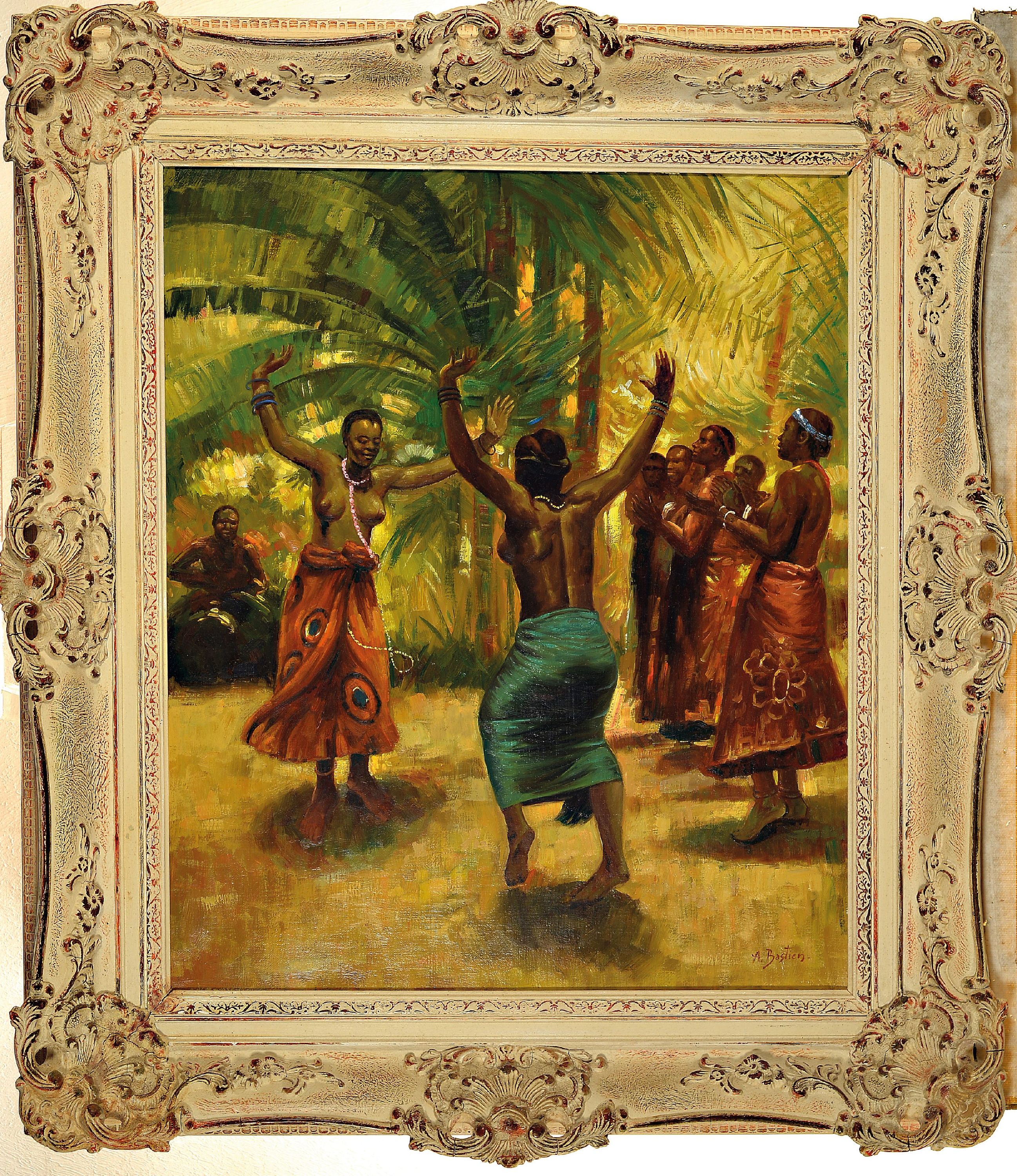 Detail k: Alfred Theodore Bastien, 1973 Brüssel-1955 ebenda, tanzende Afrikaner, Öl/Lwd, rechts unten sign., ca. 60x50cm, R. ca. 79x69cm