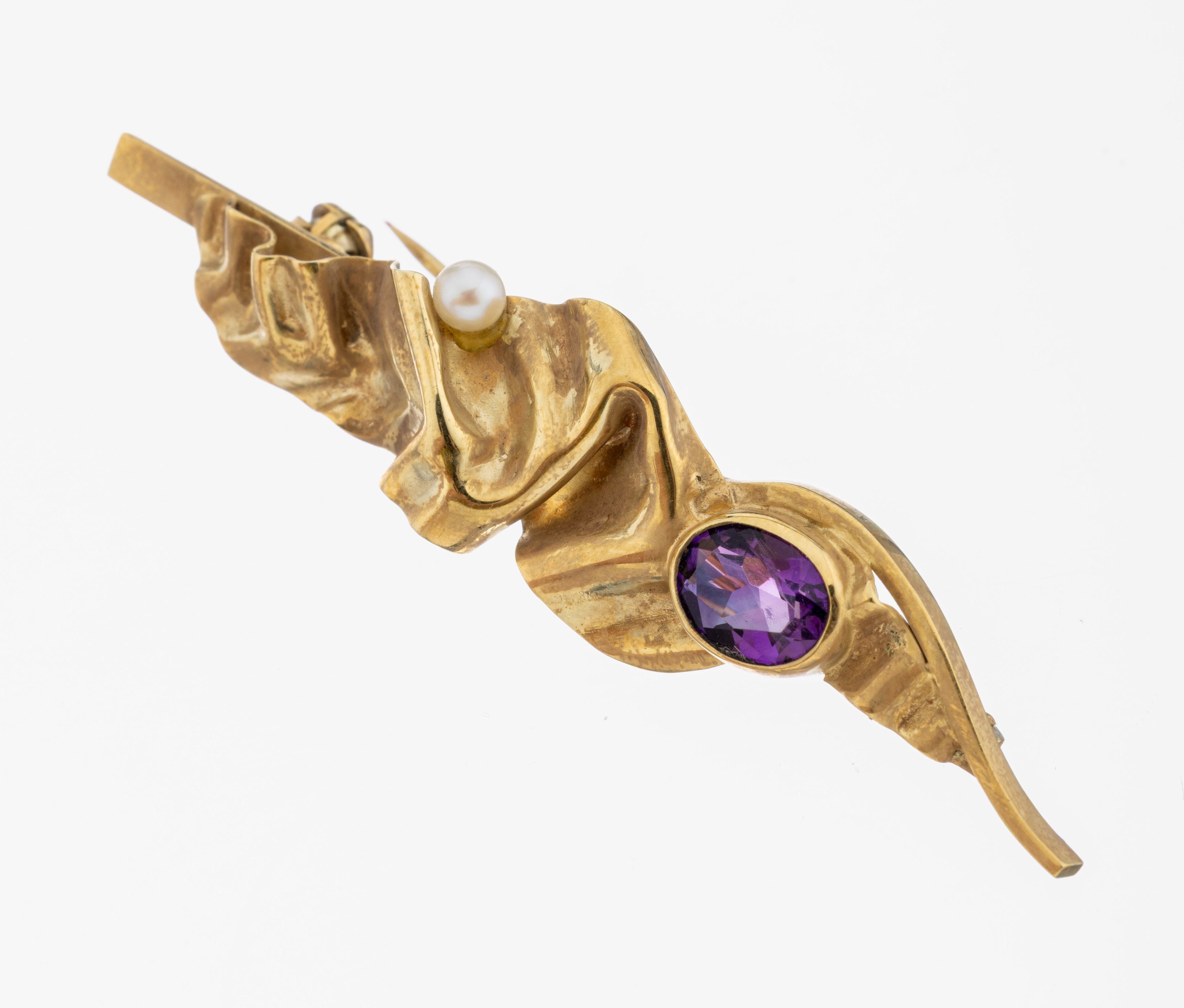 Image 27085911 - 14 kt Gold Amethyst-Perl-Brosche, GG 585/000, abstraktes Design, ovalfacett. Amethyst, ...