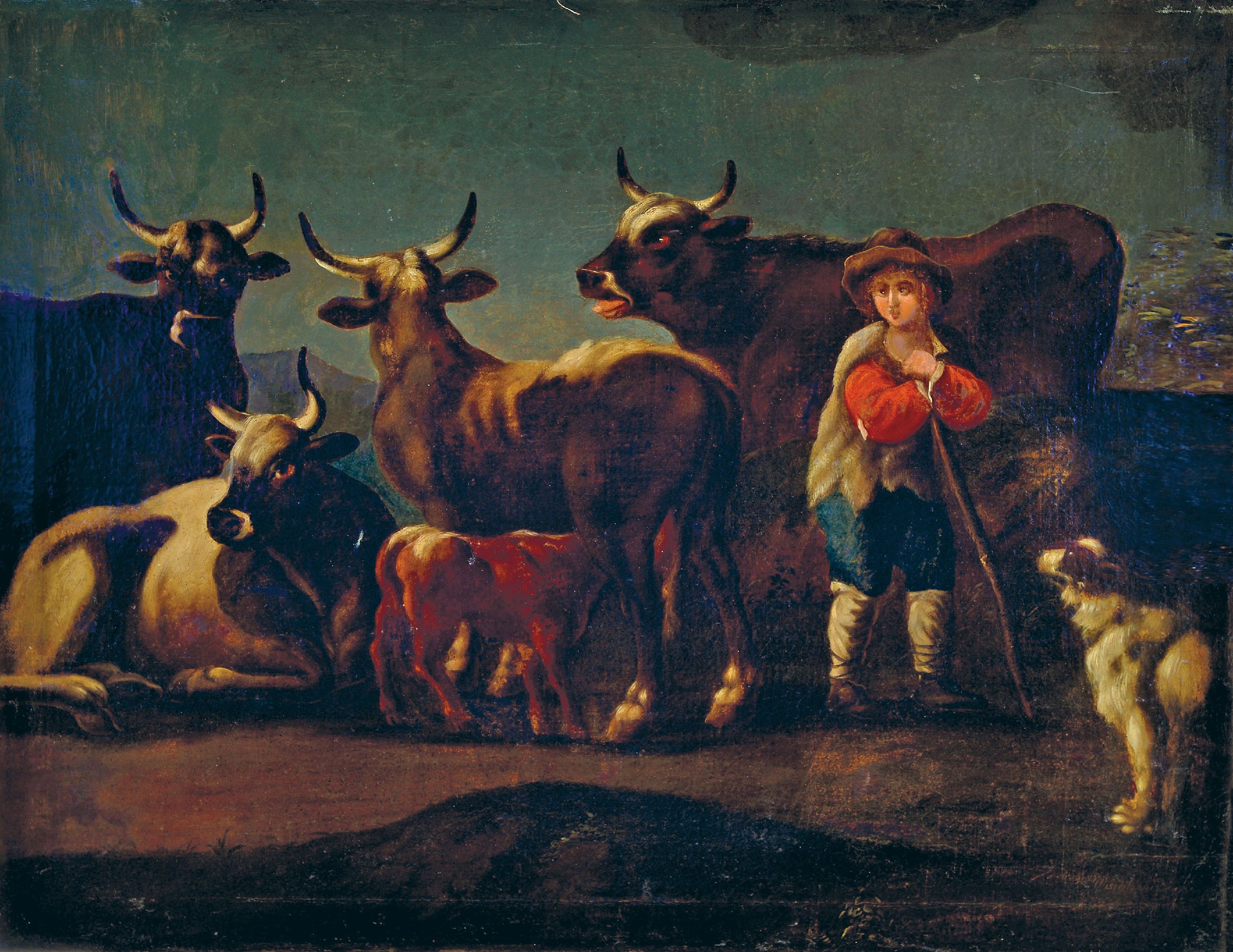 Image 27086495 - Unbekannter Künstler, datiert 1855, Hütejunge mit seinen Kühen und dem Hund, Öl/Lwd, ...