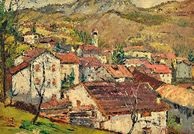 Image Michele Romano, geb. 1925, italienisches Dorf mit Campanile, Öl/ Hartfaser, sign., ca. ...