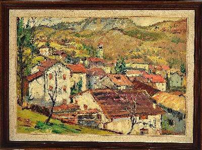 27086491k - Michele Romano, geb. 1925, italienisches Dorf mit Campanile, Öl/ Hartfaser, sign., ca. ...