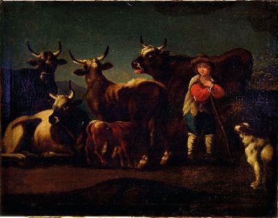 27086495k - Unbekannter Künstler, datiert 1855, Hütejunge mit seinen Kühen und dem Hund, Öl/Lwd, ...