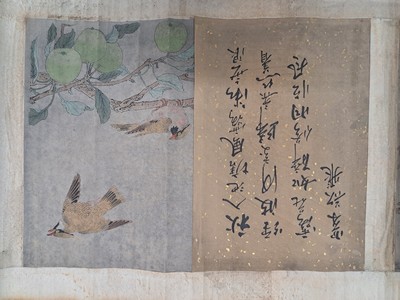 27086534g - Zwei Kalligraphie-Farbholzschnitt-Rollen, China, 19. Jh., 1x 6 versch. Figuren in ...
