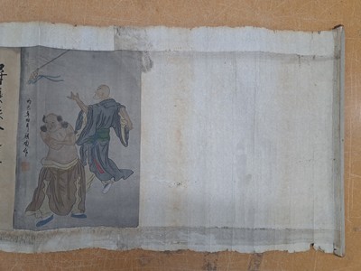 27086534i - Zwei Kalligraphie-Farbholzschnitt-Rollen, China, 19. Jh., 1x 6 versch. Figuren in ...