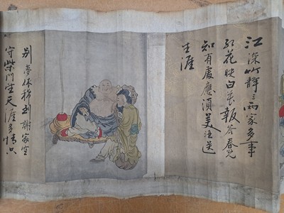 27086534m - Zwei Kalligraphie-Farbholzschnitt-Rollen, China, 19. Jh., 1x 6 versch. Figuren in ...