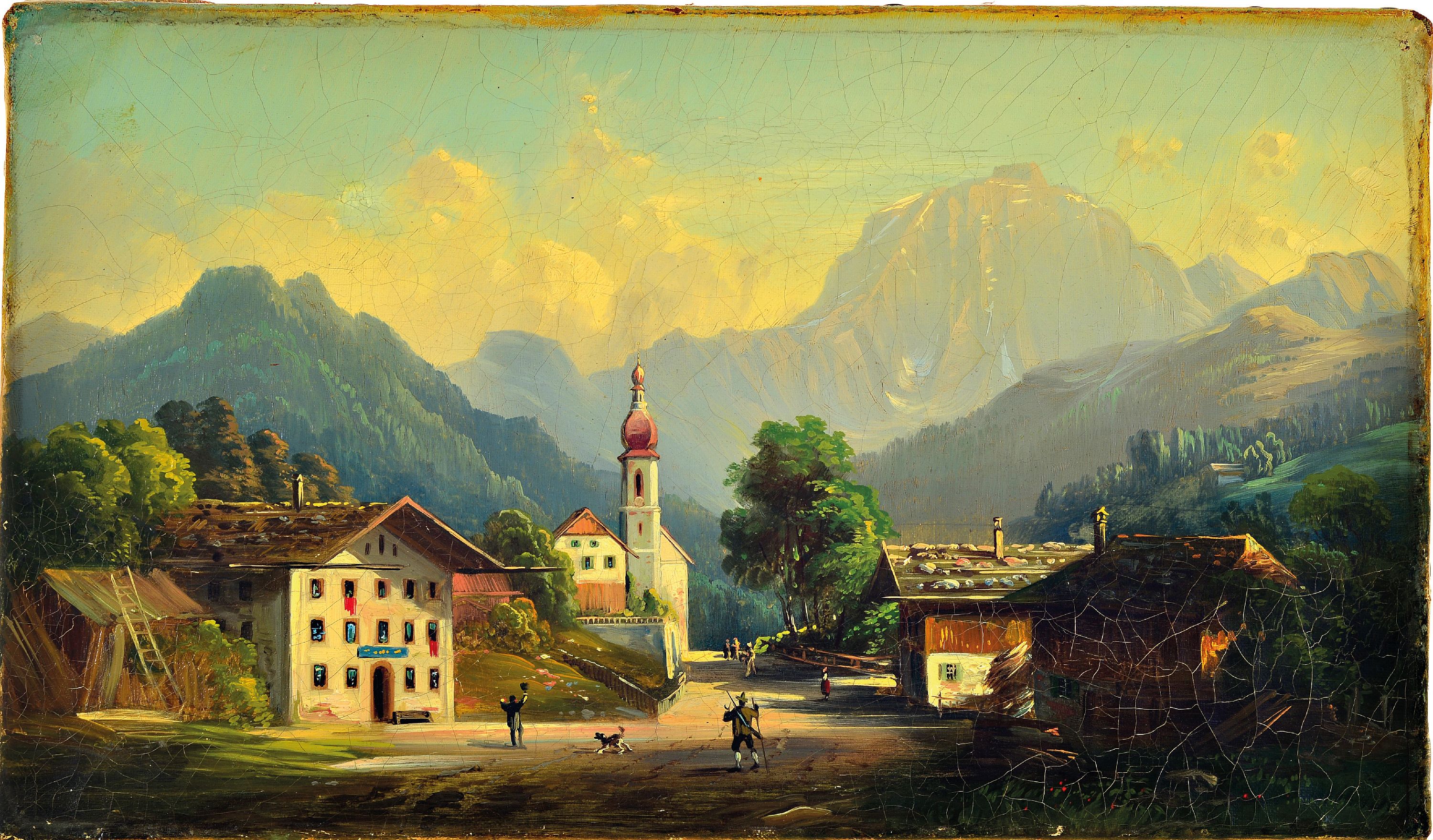 Detail k: Hubert Sattler, 1817-1904, Partie in der Ramsau, Öl/Lwd, rückseitig betitelt Ramsau und auf dem Keilrahmen bez. H. Sattler, ca. 26.5x45.5cm, ...