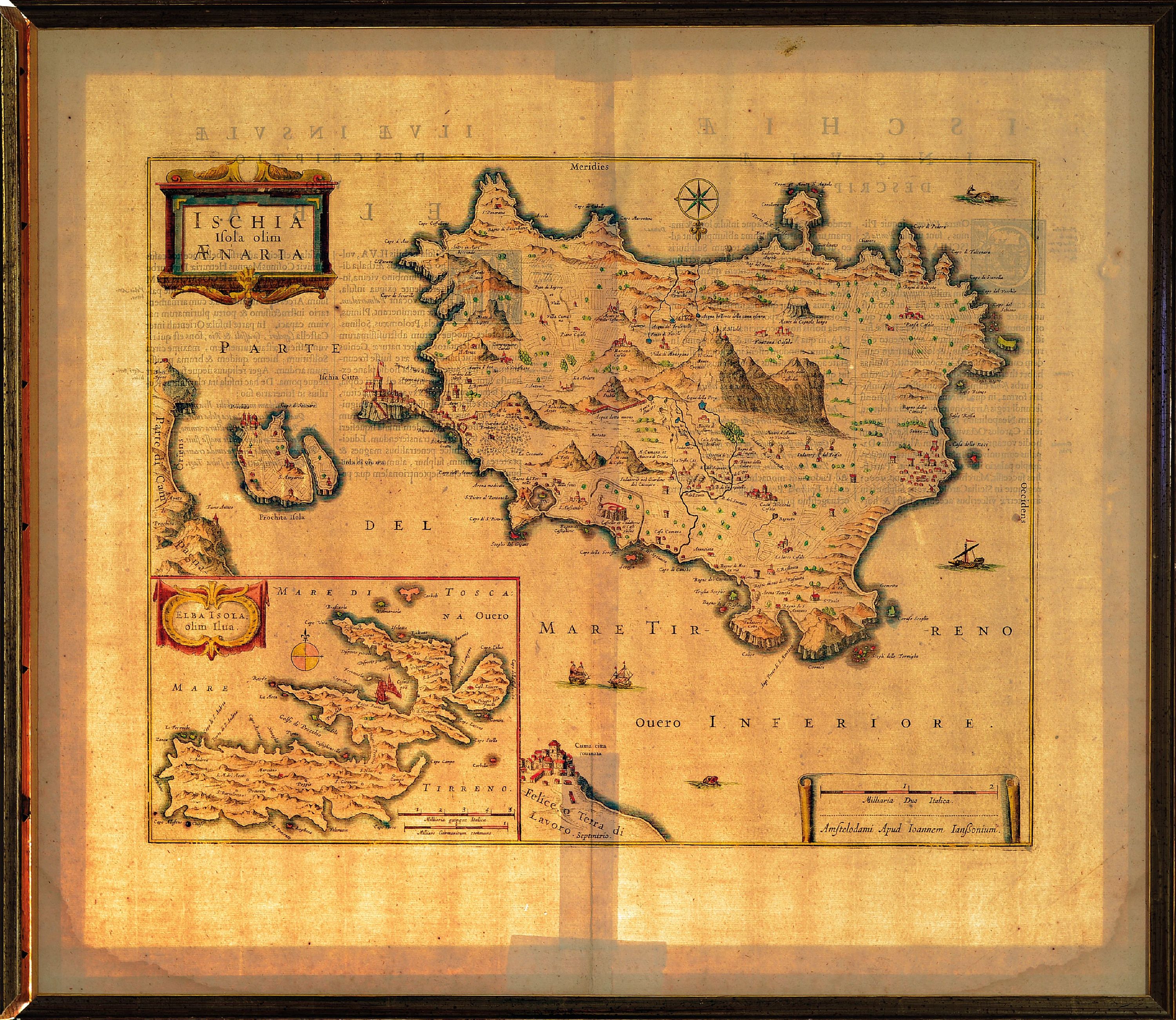 Detail k: Kolorierte Kupferstichkarte von Jansonius, 18. Jh., Insel Ischia und Insel Elba, untere Ecken leicht wasserfleckig, geglättete Bugfalte, ca. ...