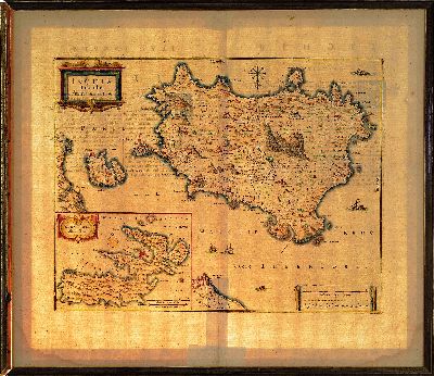 27086668k - Kolorierte Kupferstichkarte von Jansonius, 18. Jh., Insel Ischia und Insel Elba, untere ...