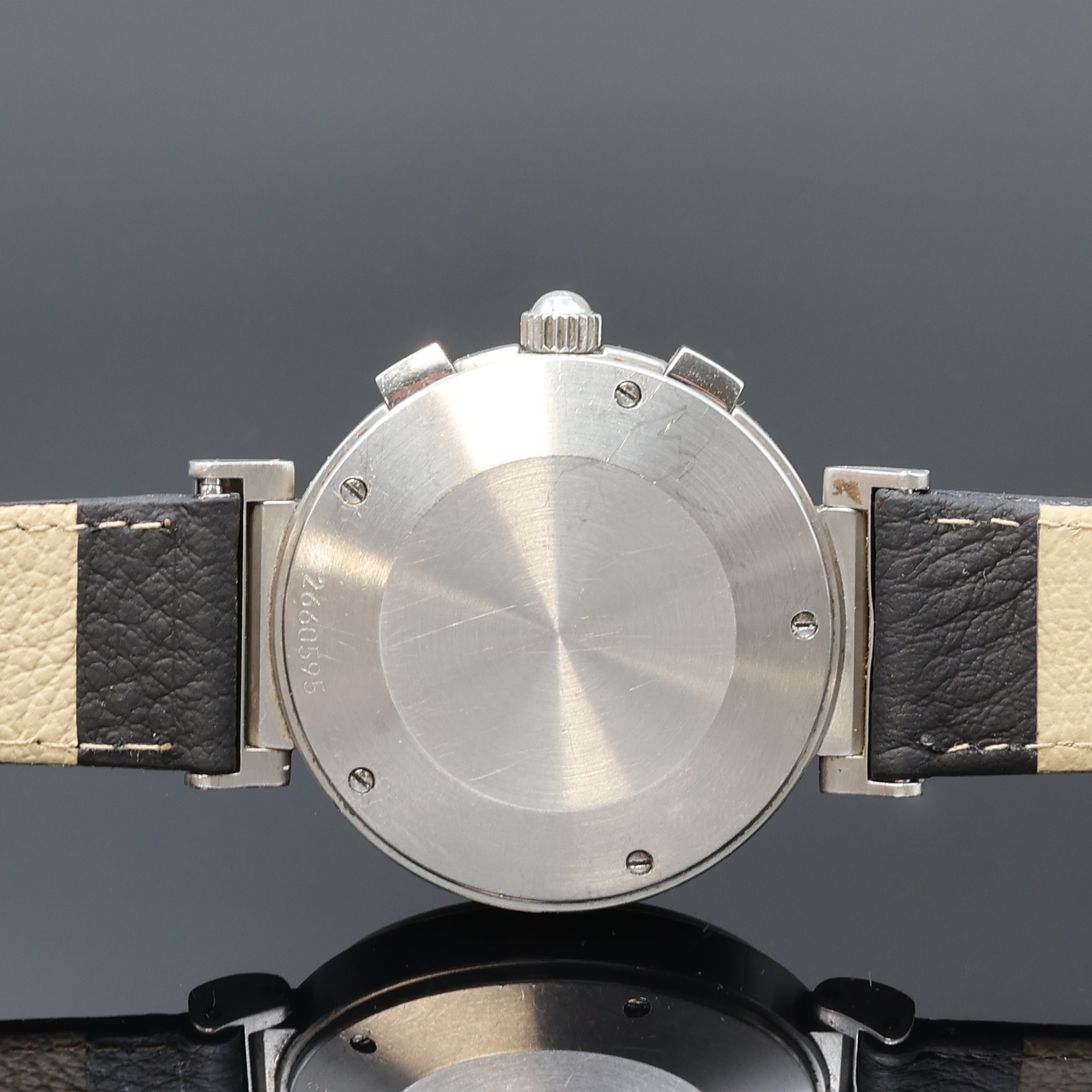 Detail d: IWC Da Vinci Armbandchronograph Referenz 3728, Schweiz um 1995, quarz, Edelstahlgeh., Boden 5-fach verschr., schwarzes Zifferbl. m. ...