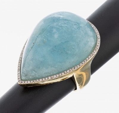 Image 18 kt Gold Aquamarin-Brillant-Ring, GG 750/000, tropfenf. Aquamarin-Cabochon ca. 72.35 ...