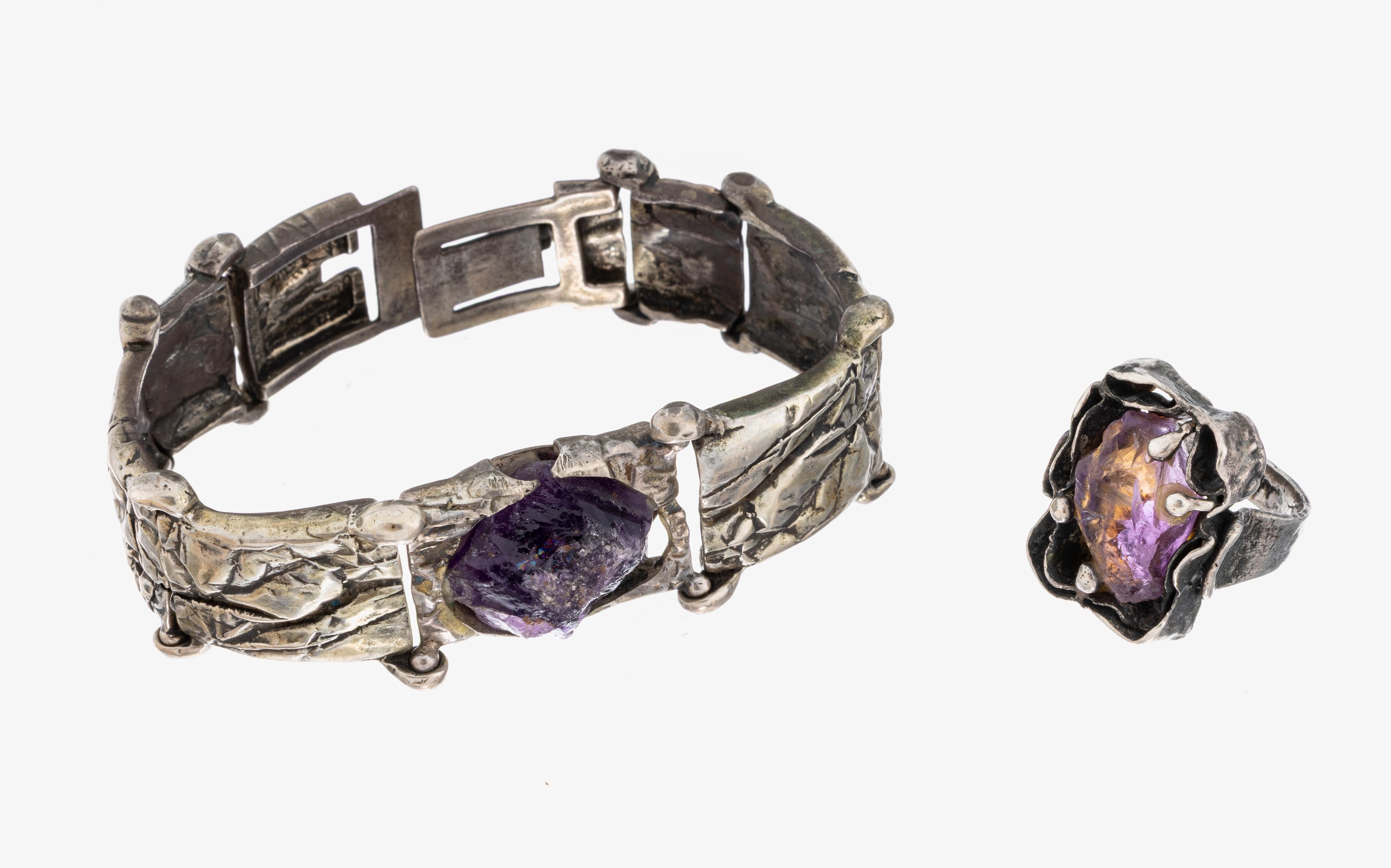 Image 27087305 - Amethyst-Schmuckset, 835er Silber, abstraktes Design, best. aus: 1 Ring, RW 58, und 1 ...